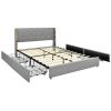 Queen Size Grey/Gold Linen Headboard 4 Drawer Storage Platform Bed