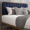 Full Gold Metal Platform Bed Frame with Navy Blue Velvet Upholstered Headboard