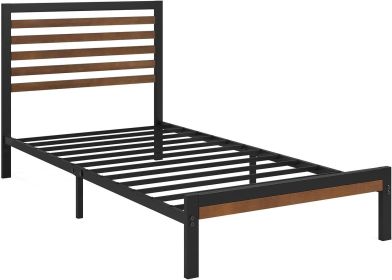 Twin Metal Platform Bed Frame with Bamboo Wood Slatted Headboard and Footboard