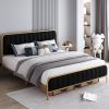 King Gold Metal Platform Bed Frame with Black Velvet Upholstered Headboard