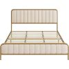 King size Gold Metal Platform Bed Frame with Off-White Upholstered Headboard