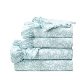 King Size Polyester Blue Ruffle Floral 6 Piece Sheet Set