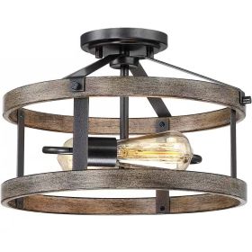 Round 13-inch Metal Wood Farmhouse 2-Light Ceiling Lamp - Semi-Flush Mount