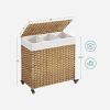 Handwoven PP Wicker 3-Section Laundry Basket Cart with Cotton Liner on Wheels