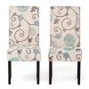 Set of 2 Beige Cream Teal Blue Floral Fabric Dining Chair with Wood Legs