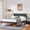 Queen size Industrial Platform Bed Frame with Wood Slatted Headboard in Black