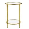 Round Accent Side Table Gold Metal Glass Top Bottom Shelf End Table