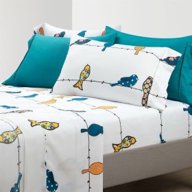 Queen Teal Yellow White Floral Birds on Wire Soft Polyester 6 Piece Sheet Set