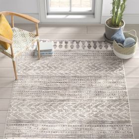 8-ft. x 10-ft. Grey Ivory Chevron Stripe Geometric Boho Style Area Rug