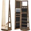 Rustic Brown Wood Jewelry Cabinet Armoire Organizer Freestanding Rotating Mirror