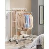 Heavy Duty White Pipe Double-Rod Garment Clothes Rack with Locking Wheels