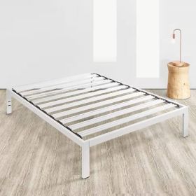 Twin XL size Wide-Slat White Metal Platform Bed Frame with Headboard Brackets