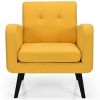 Mid-Century Modern Yellow Linen Upholstered Accent Chair with Wooden Legs