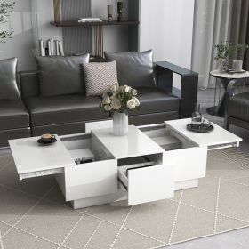 ON-TREND Multifunctional Coffee Table with 2 large Hidden Storage Compartment, Extendable Cocktail Table with 2 Drawers, High-gloss Center Table with