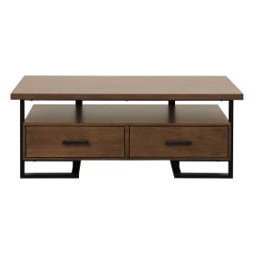 Contemporary Design Unique Frame 1pc Coffee Table with Drawers Walnut Finish Wood and Rustic Black Metal Finish Living Room Furniture