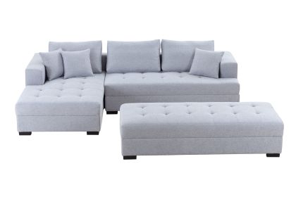 Tufted Fabric 3-Seat L-Shape Sectional Sofa Couch Set w/Chaise Lounge, Ottoman Coffee Table Bench, Light Grey