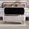 Ivory White Storage Ottoman Bench for End of Bed Gold Legs, Modern Ivory White Faux Fur Entryway Bench Upholstered Padded with Storage for Living Room