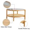 Modern simple circular double-layer solid wood tea table rattan woven Chinese side table small round table suitable for living room, dining room and b