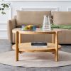 Modern simple circular double-layer solid wood tea table rattan woven Chinese side table small round table suitable for living room, dining room and b