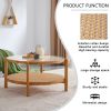 Modern simple circular double-layer solid wood tea table rattan woven Chinese side table small round table suitable for living room, dining room and b